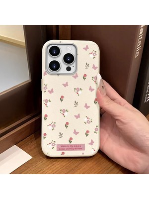 Ucuc iPhone 15 Pro Max Uyumlu Beyaz Deri Dokulu Silikon Kamerayı Korur Şok Emici Lale ve Kelebek Deseni Kılıfı