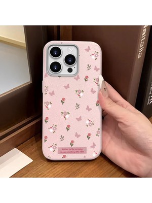 Ucuc iPhone 16 Pro Max Uyumlu Pembe Deri Dokulu Silikon Kamerayı Korur Şok Emici Lale ve Kelebek Deseni Kılıfı