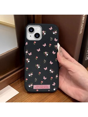 Ucuc iPhone 13/14 Uyumlu Siyah Deri Dokulu Silikon Kamerayı Korur Şok Emici Lale ve Kelebek Deseni Kılıfı