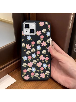 Ucuc iPhone 15 Uyumlu Siyah Deri Dokulu Silikon Kamerayı Korur Şok Emici Lale Deseni Kılıf