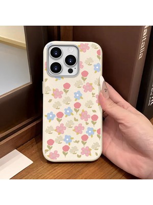 Ucuc iPhone 16 Pro Max Uyumlu Beyaz Deri Dokulu Silikon Kamerayı Korur Şok Emici Lale Deseni Kılıf