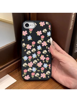 Ucuc iPhone 7/8/se 2020 2022 Uyumlu Siyah Deri Dokulu Silikon Kamerayı Korur Şok Emici Lale Deseni Kılıf