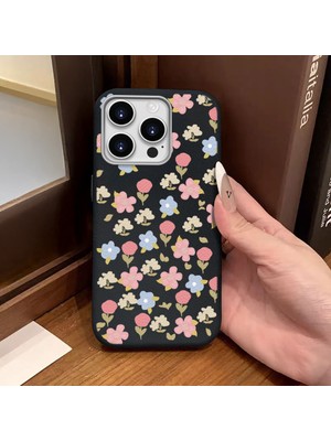 Ucuc iPhone 16 Pro Max Uyumlu Siyah Deri Dokulu Silikon Kamerayı Korur Şok Emici Lale Deseni Kılıf