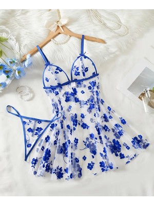 Çiçek Desenli Transparan Babydoll Gecelik ve Tanga Takımı