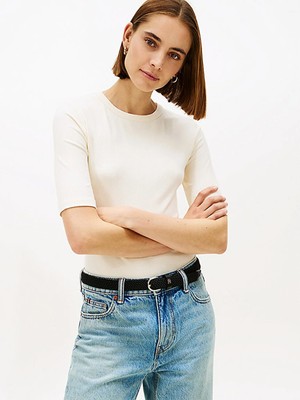 Tommy Hilfiger Slım 5x2 Rıb C-Nk 1/2 Slv Kadın Bej T-Shirt - WW0WW47308