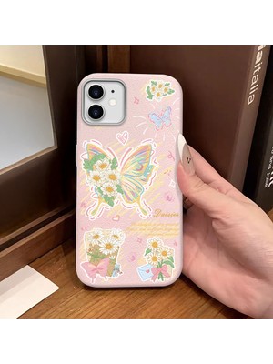 Ucuc iPhone 11 Uyumlu Pembe Deri Dokulu Silikon Kamerayı Korur Şok Emici Kelebek Desenli Telefon Kılıfı