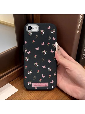 Ucuc iPhone 7/8/se 2020 2022 Uyumlu Siyah Deri Dokulu Silikon Kamerayı Korur Şok Emici Lale ve Kelebek Deseni Kılıfı