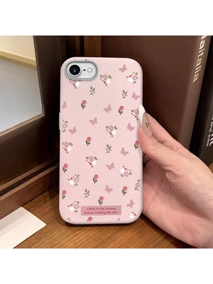 Ucuc iPhone 7/8/se 2020 2022 Uyumlu Pembe Deri Dokulu Silikon Kamerayı Korur Şok Emici Lale ve Kelebek Deseni Kılıfı