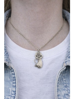 Herşey Nota Whisker Mood – Kedi Figürlü Gümüş Renk Unisex Kolye (60 Cm)