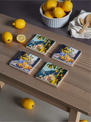 Baum Atelier Italya Positano Tile Limon Bahçesi Temalı Doğal Taş Traverten Bardak Altlığı Stone Coasters 4 Lü Set