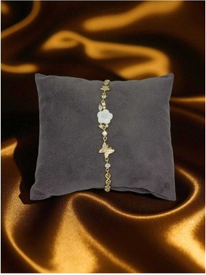 Lunel Silver 925 Ayar Gümüş Zarif Çiçek ve Kelebek Figürlü Taşlı Kadın Bileklik