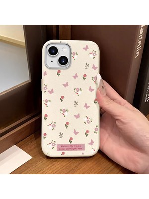 Ucuc iPhone 14 Plus/15 Plus Uyumlu Beyaz Deri Dokulu Silikon Kamerayı Korur Şok Emici Lale ve Kelebek Deseni Kılıfı