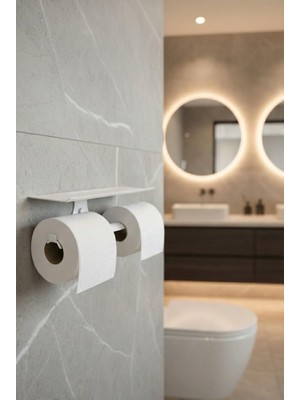 Mee Wall Art Yapışkan Aparatı & Vidalı Montaj Seçeneği - Minimal Çiftli Tuvalet Kağıdı Tutacağı – Üst Raflı