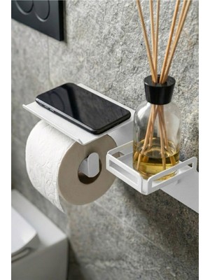 Mee Wall Art Yapışkan Aparatı & Vidalı Montaj Seçeneği - Telefon Raflı ve Koku Bölmeli Metal Tuvalet Kağıtlığı