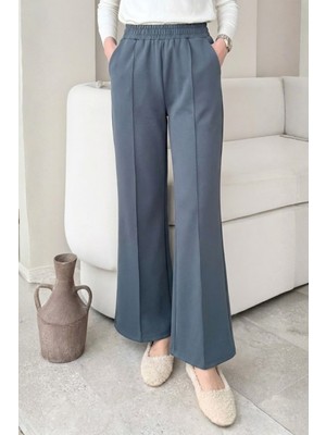 Tesettür Diyarı Çimalı Beli Lastikli Scuba Kumaş Tesettür Pantolon- Füme