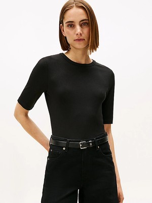 Tommy Hilfiger Slım 5x2 Rıb C-Nk 1/2 Slv Kadın Siyah T-Shirt - WW0WW47308