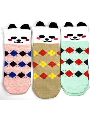 MTM My The Mall Giyim 3 Çift Köpek Temalı 3 Boyutlu Kulaklı Pamuk Ekose Kadın Bilek Çorap