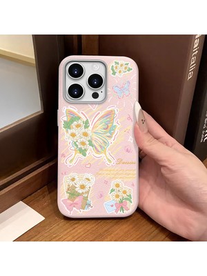 Ucuc iPhone 14 Pro Max Uyumlu Pembe Deri Dokulu Silikon Kamerayı Korur Şok Emici Kelebek Desenli Telefon Kılıfı