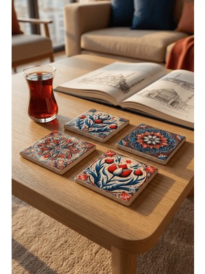 Baum Atelier Istanbul Lale Motif Temalı Tile Desen Doğal Taş Bardak Altlığı Stone Coasters 4 Lü Set