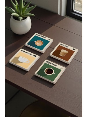 Baum Atelier Kahve Çeşitleri Temalı Cafe Latte Espresso Doğal Taş Traverten Bardak Altlığı 4 Lü Set