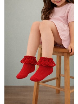 Katia & Bony Kız Çocuk Dantel Fırfırlı Step Çorap Kırmızı