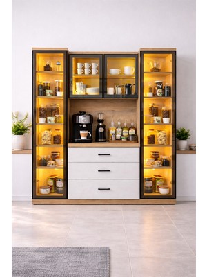 Setay Vitrinli Ünite, Liveo Kahve Köşesi + Çok Amaçlı Raflı Iki Kapaklı Dolap