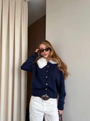 Laluvia Lacivert Yakası Kürklü Hırka - 261002