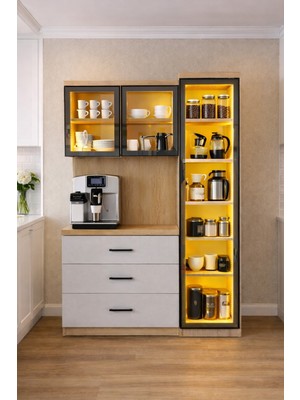 Setay Vitrinli Ünite, Liveo Kahve Köşesi + Çok Amaçlı Raflı Tek Kapaklı Dolap