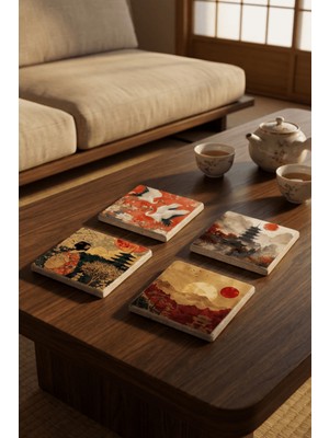 Baum Atelier Japan Aesthetic Temalı Japon Kültür Doğal Taş Traverten Bardak Altlığı 4 Lü Set