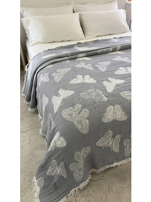 Mulberry Kelebek Desen 4 Katlı Müslin Pike Yatak Örtüsü Battal Boy 240X260 cm