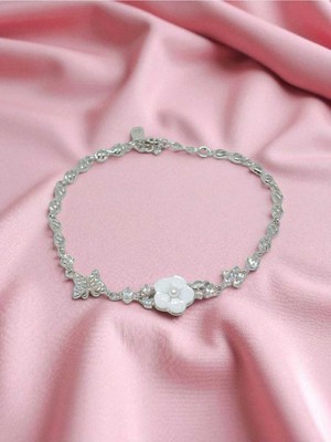 Lunel Silver 925 Ayar Gümüş Zarif Çiçek ve Kelebek Figürlü Taşlı Kadın Bileklik