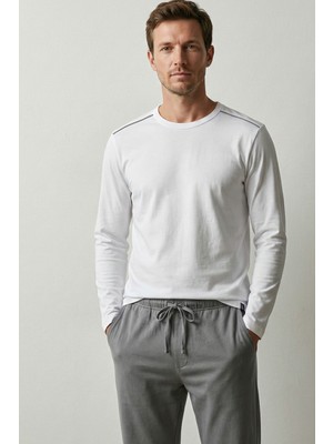Elemge %100 Pamuk Erkek Süprem Pijama Takımı Compact Penye Gri Beyaz Uzun Kol Cepli Ipli Relax Fit Terletmez