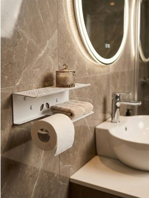 Mee Wall Art Paslanmaz Metal Wc Raflı Tuvalet Kağıtlığı – Telefon & Aksesuar Bölmeli, Beyaz Elektrostatik Boyalı