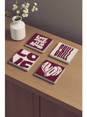 Baum Atelier Pop Art Love Chill Temalı Sevgililer Günü Hediyesi Doğal Taş Traverten Bardak Altlığı 4 Lü Set