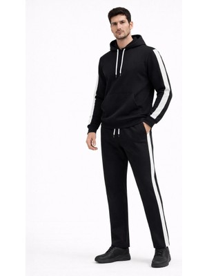 Erkek Şeritli Eşofman Takım Kapüşonlu Sweatshirt Boru Paça Alt, Oversize 3 Iplik Pamuklu - Siyah