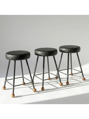 Wood Stone Art 3'lü Set Tabure 47 cm Suni Deri Döşeme Siyah Ceviz Ada Masa Mutfak Taburesi Kare Demir Ayaklı Ahşap Topuz