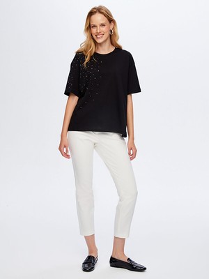 Faik Sönmez Taş Detaylı Yuvarlak Yaka Pamuklu Tshirt W26TSH051