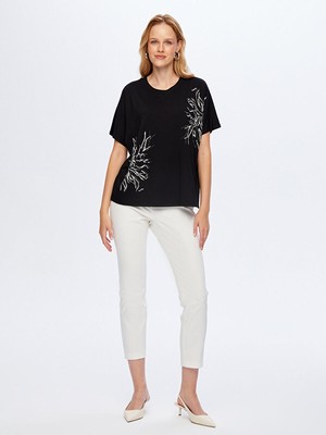 Faik Sönmez Boncuk Nakış ve Baskılı Yuvarlak Yaka Düşük Kol T-Shırt W26TSH069