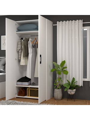 Mobilique Retro-7 Askılı 2 Raflı 2 Kapaklı Gardırop Beyaz