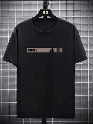 20/1 Penye Compack Futre Baskılı Oversize Kısa Kol Bisiklet Yaka T-Shirt - Siyah