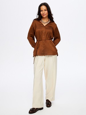 Faik Sönmez Beli Kuşaklı Kapüşonlu Krinkıl Saten Tunik W26TNK016