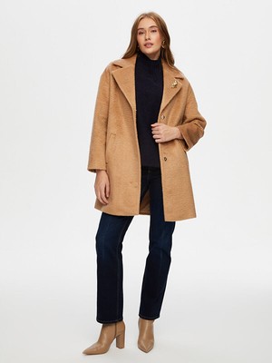 Faik Sönmez Broş Detaylı Suni Astragan Kaban W26KBN007