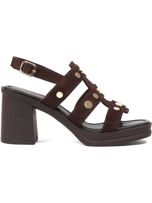 Celal Gültekin Kadın Kahverengi Kalın Topuklu Süet Deri Sandalet