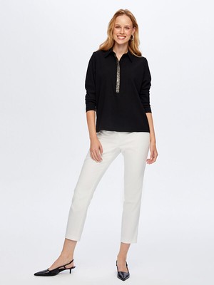 Faik Sönmez Boncuk ve Zincir Nakışlı Yarım Patlı Uzun Kol T-Shırt W26TSH065