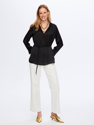 Faik Sönmez Beli Kuşaklı Kapüşonlu Krinkıl Saten Tunik W26TNK016