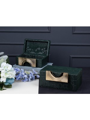 sembol 2li Deri Detay Dekoratif Kutu Seti Yeşil 21X14X10-25X17X11 cm