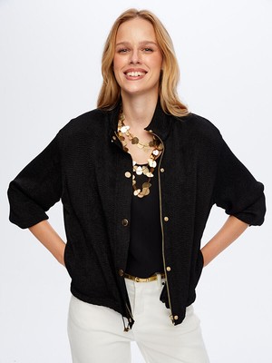 Faik Sönmez Gold Çıtçıt Detaylı Kendinden Dokulu Saten Bomber Ceket W26BMB002