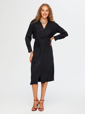 Faik Sönmez Beli Lastik ve Kuşak Detaylı Tenselli Gömlek Elbise W26ELB006