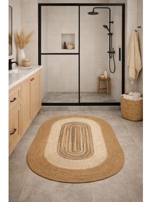 Halımax Salda JUT09 Hasır Çift Taraflı Yıkanabilir Jüt Kilim Mutfak Banyo Koridor Halısı Oval Jüt Halı