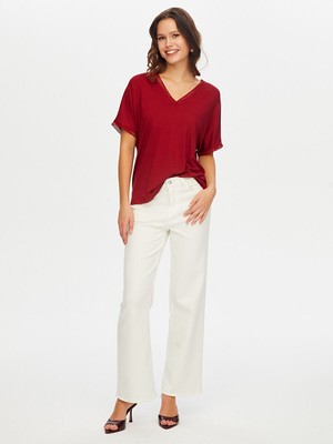 Faik Sönmez Delik Işi Garnili V Yaka Kısa Kol T-Shırt W26TSH054